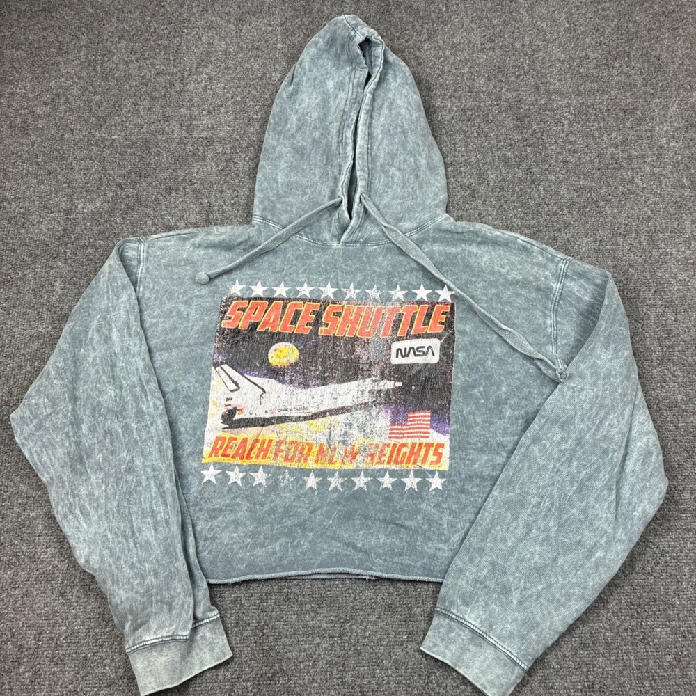 Chemistry NASA Space Shuttle Graphic Acid Wash Cropped Hoodie Womens Size Large